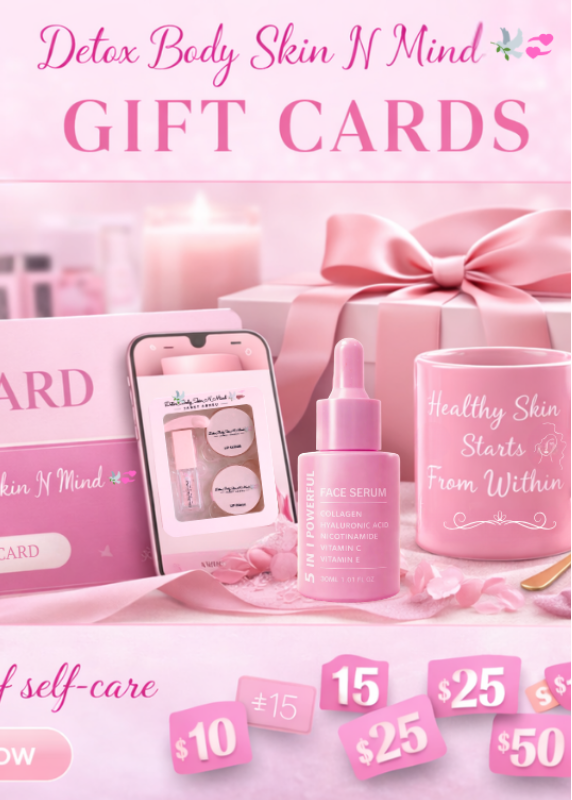 Promotional image of 'Detox Body Skin N Mind' gift cards with skincare products and a woman's face.