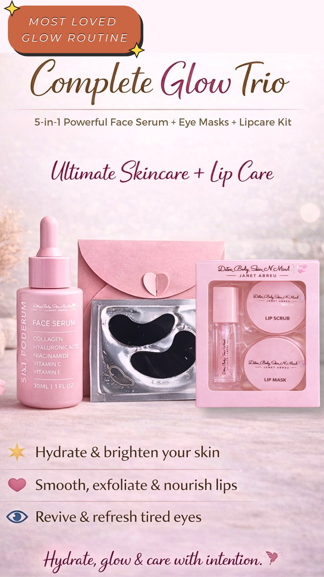 ✨ Complete Glow Trio 5-in-1 Powerful Face Serum + Eye Masks + Lip Care Kit