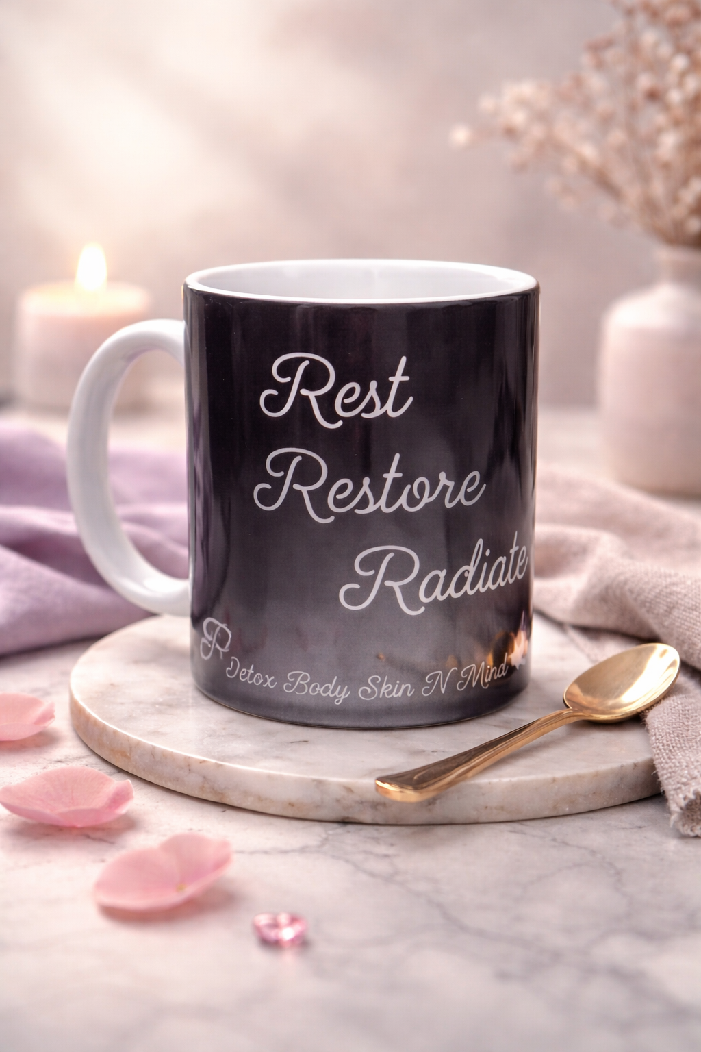Rest • Restore • Radiate – Motivational Ceramic Mug